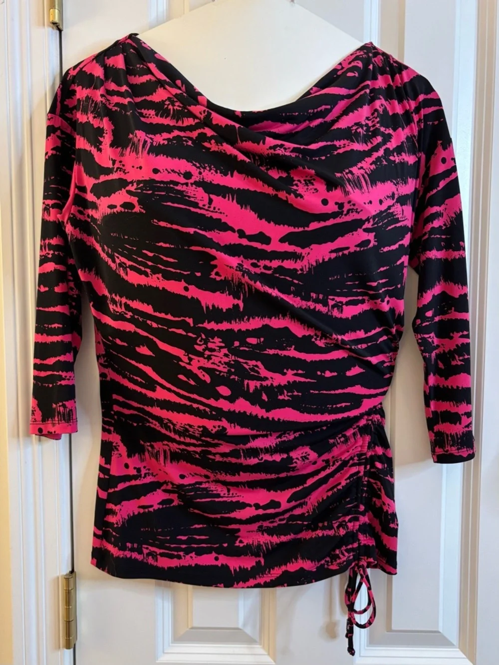 Michael Kors Top Black Pink Tiger Animal Cowl-Neck Ruched medium stretch casual